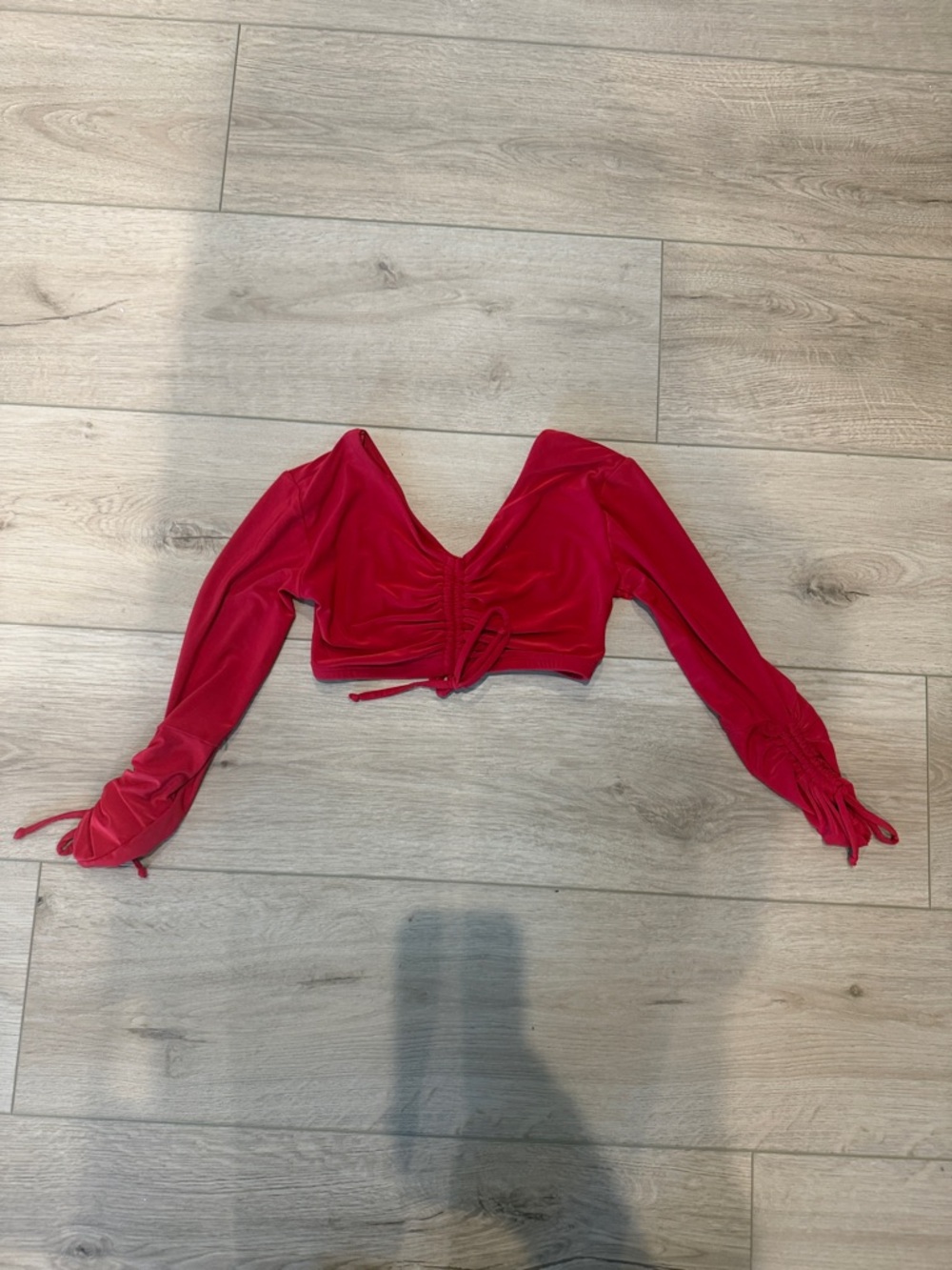 Tiger Friday Red Ruched V-Neck Long Sleeve Crop Top